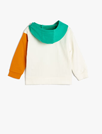 Kapşonlu Sweat Baskılı Kanguru Cepli Renk Bloklu Pamuklu