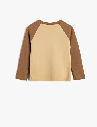 Tişört Uzun Kollu Bisiklet Yaka Renk Bloklu Baskı Detaylı