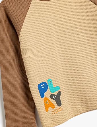 Tişört Uzun Kollu Bisiklet Yaka Renk Bloklu Baskı Detaylı