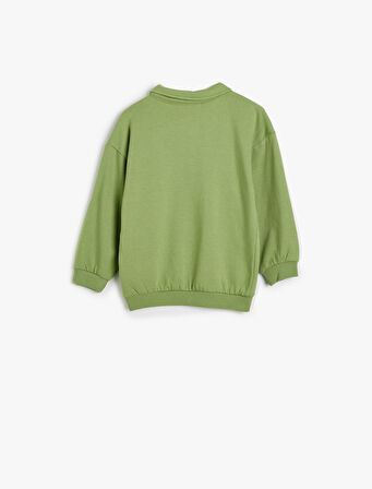 Polo Yaka Sweat Düğmeli Uzun Kollu Dinozor Baskılı Pamuklu Şardonlu