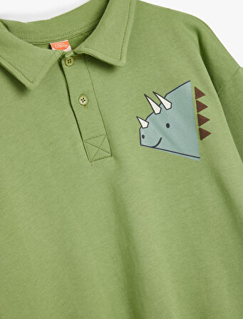 Polo Yaka Sweat Düğmeli Uzun Kollu Dinozor Baskılı Pamuklu Şardonlu