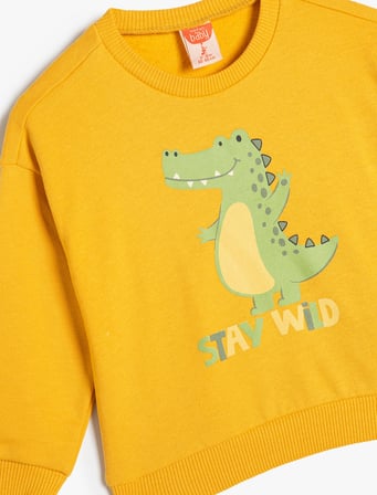 Sweatshirt Dinozor Baskılı Uzun Kollu Bisiklet Yaka Pamuklu