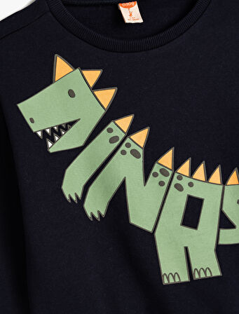Dinozorlu Sweatshirt Uzun Kollu Bisiklet Yaka Şardonlu Pamuklu