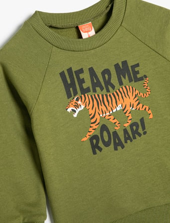 Sweatshirt Aslan Baskılı Uzun Kollu Bisiklet Yaka Pamuklu