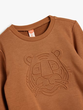 Sweatshirt Kaplan Kabartma Baskılı Bisiklet Yaka Uzun Kollu