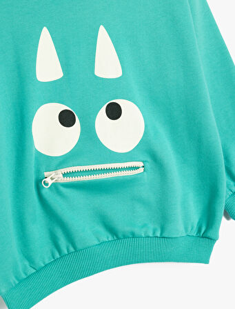 Sweatshirt Canavar Baskılı Uzun Kollu Bisiklet Yaka