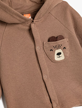 Kapşonlu Hırka Düğme Kapamalı Ayıcık Aplikeli Pamuklu