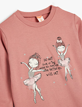 Sweatshirt Balerin Baskılı Uzun Kollu Şardonlu Pamuklu
