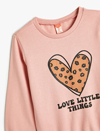 Sweatshirt Kalp Baskılı Uzun Kollu Bisiklet Yaka Pamuklu