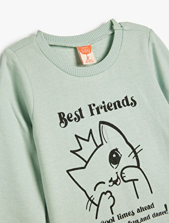 Sweatshirt Uzun Kollu Kedi Baskılı Şardonlu Bisiklet Yaka Pamuklu