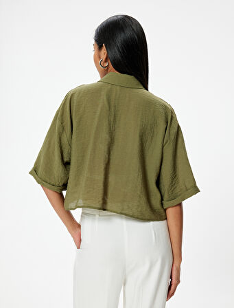 Oversize Crop Gömlek Kısa Kollu Kapaklı Cep Detaylı Viskoz Kumaş