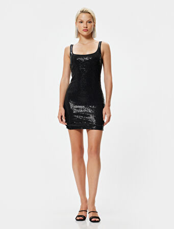 Mini Abiye Elbise Kolsuz Pullu Payetli Kare Yaka Slim Fit