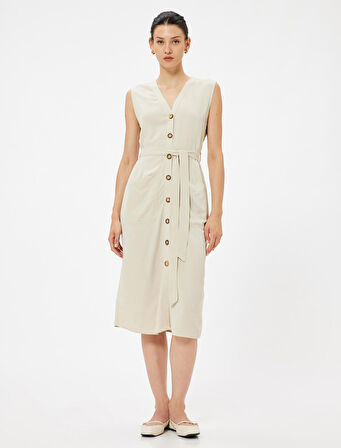 Keten Karışımlı Gömlek Elbise Midi Boy Kolsuz Kemer Detaylı Cepli