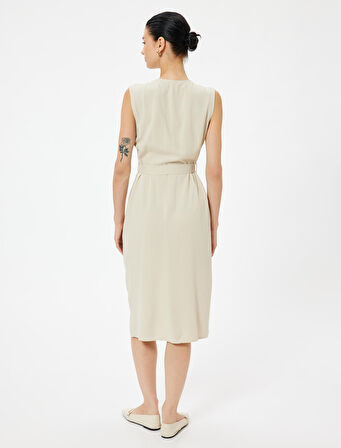 Keten Karışımlı Gömlek Elbise Midi Boy Kolsuz Kemer Detaylı Cepli