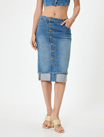 Koton X Melis Ağazat - Yüksek Bel Midi Kot Etek