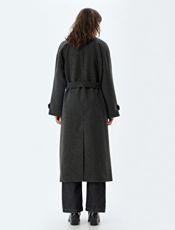 Kuşak Detaylı Cepli Kruvaze Ekstra Uzun Kaşe Kaban