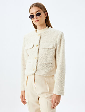 Kapaklı Cep Detaylı Yakasız Crop Tüvit Blazer Ceket 