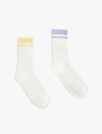 Tenis Çorabı 2'li Çok Renkli Şerit Detaylı