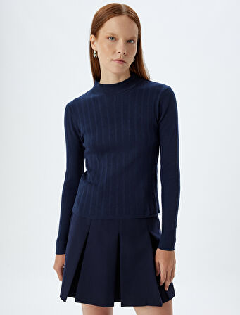 Dik Yaka Triko Kazak Uzun Kollu Dokulu Slim Fit