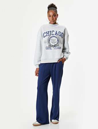 Oversize Sweatshirt Kolej Baskılı Bisiklet Yaka Şardonlu