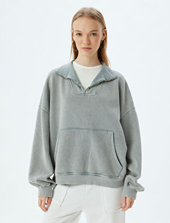 Oversize Sweatshirt Yarım Fermuarlı Kanguru Cepli Yıkamalı Dik Yaka