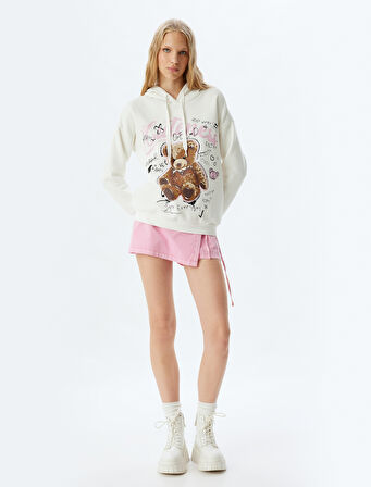 Kapüşonlu Sweatshirt Ayı Baskılı Sloganlı Rahat Kalıp