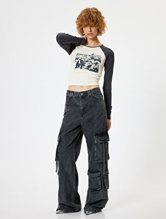 Uzun Kollu Tişört Baskılı Renk Bloklu Bisiklet Yaka Slim Fit