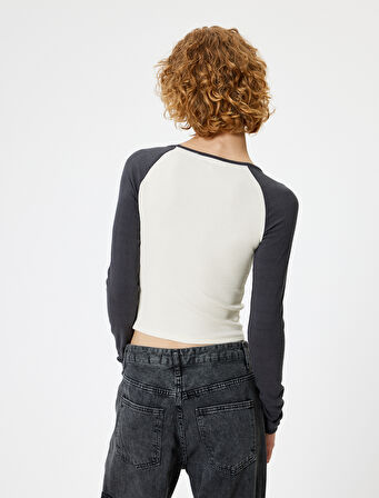 Uzun Kollu Tişört Baskılı Renk Bloklu Bisiklet Yaka Slim Fit