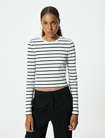 Uzun Kollu Crop Tişört Bisiklet Yaka Slim Fit Pamuklu