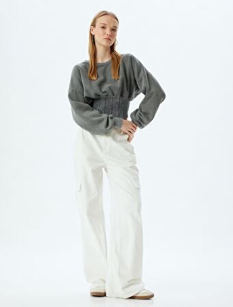 Crop Sweatshirt Korse Görünümlü Yıkamalı Bisiklet Yaka Slim Fit