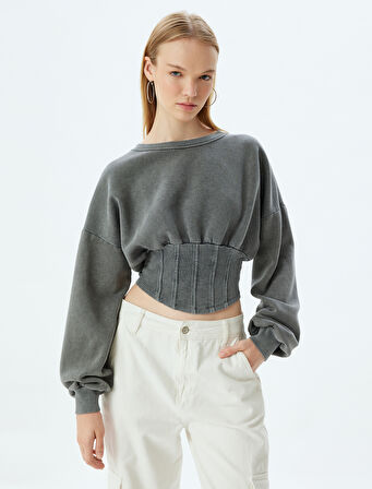 Crop Sweatshirt Korse Görünümlü Yıkamalı Bisiklet Yaka Slim Fit