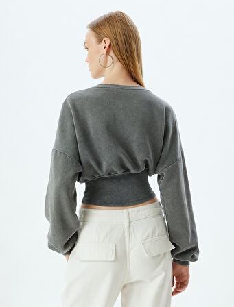 Crop Sweatshirt Korse Görünümlü Yıkamalı Bisiklet Yaka Slim Fit