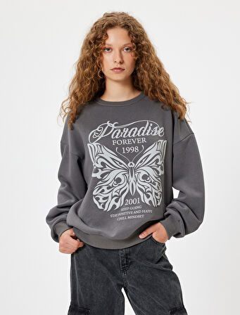 Oversize Sweatshirt Kelebek Baskılı Bisiklet Yaka Şardonlu