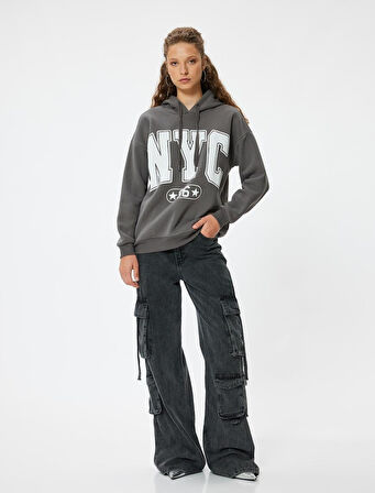 Oversize Kapüşonlu Sweatshirt Kolej Baskılı Şardonlu