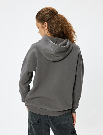 Oversize Kapüşonlu Sweatshirt Kolej Baskılı Şardonlu
