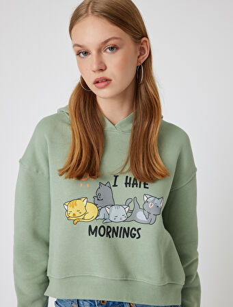 Oversize Crop Sweatshirt Kapüşonlu Kedi Baskılı 