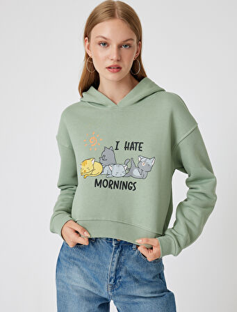 Oversize Crop Sweatshirt Kapüşonlu Kedi Baskılı 
