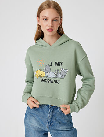 Oversize Crop Sweatshirt Kapüşonlu Kedi Baskılı 