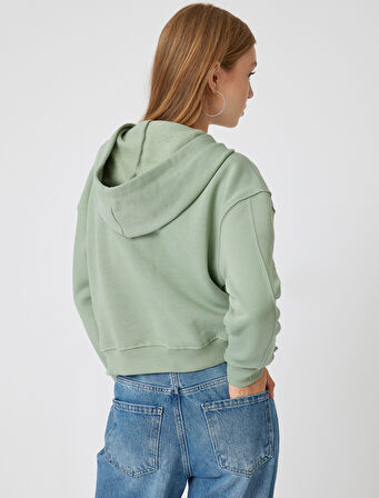 Oversize Crop Sweatshirt Kapüşonlu Kedi Baskılı 
