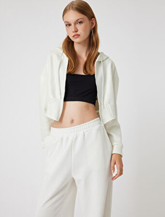 Şardonlu Crop Sweatshirt Kapüşonlu Fermuarlı Korse Görünümlü 