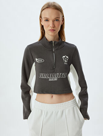 Crop Sweatshirt Yarım Fermuarlı Slogan Baskılı Dik Yaka Şardonlu