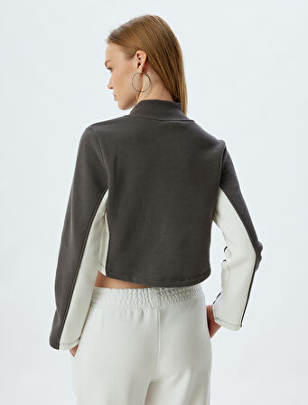Crop Sweatshirt Yarım Fermuarlı Slogan Baskılı Dik Yaka Şardonlu