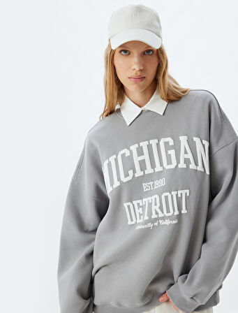 Bisiklet Yaka Sweatshirt Oversize Kolej Baskılı Uzun Kollu Şardonlu