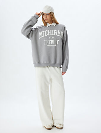 Bisiklet Yaka Sweatshirt Oversize Kolej Baskılı Uzun Kollu Şardonlu