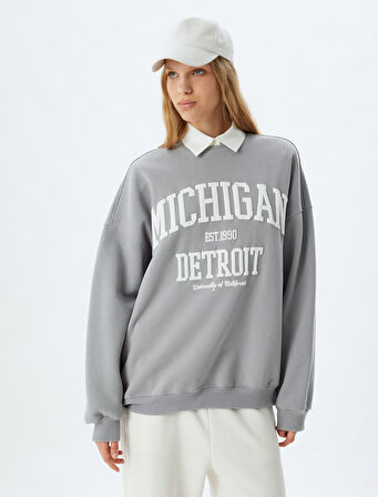 Bisiklet Yaka Sweatshirt Oversize Kolej Baskılı Uzun Kollu Şardonlu