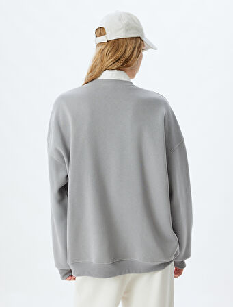 Bisiklet Yaka Sweatshirt Oversize Kolej Baskılı Uzun Kollu Şardonlu