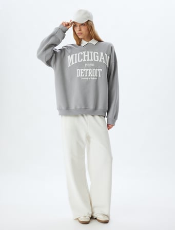 Bisiklet Yaka Sweatshirt Oversize Kolej Baskılı Uzun Kollu Şardonlu
