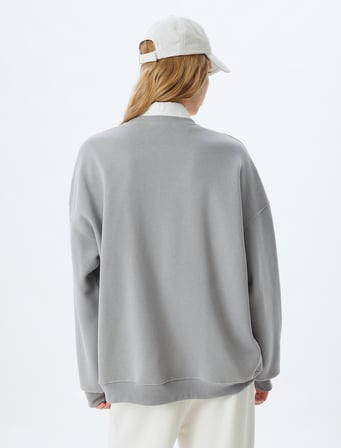 Bisiklet Yaka Sweatshirt Oversize Kolej Baskılı Uzun Kollu Şardonlu