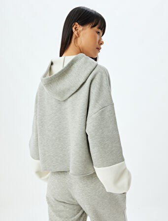 Crop Sweatshirt Kapüşonlu Fermuarlı Kolej İşlemeli Cep Detaylı