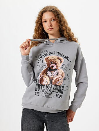 Oversize Kapüşonlu Sweatshirt Ayı Baskılı Sloganlı Şardonlu